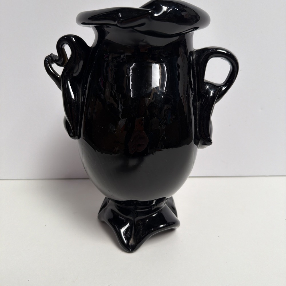 Hand Blown Black Art Glass Double Handled Vase 9" Tall Pontil Mark Unsigned